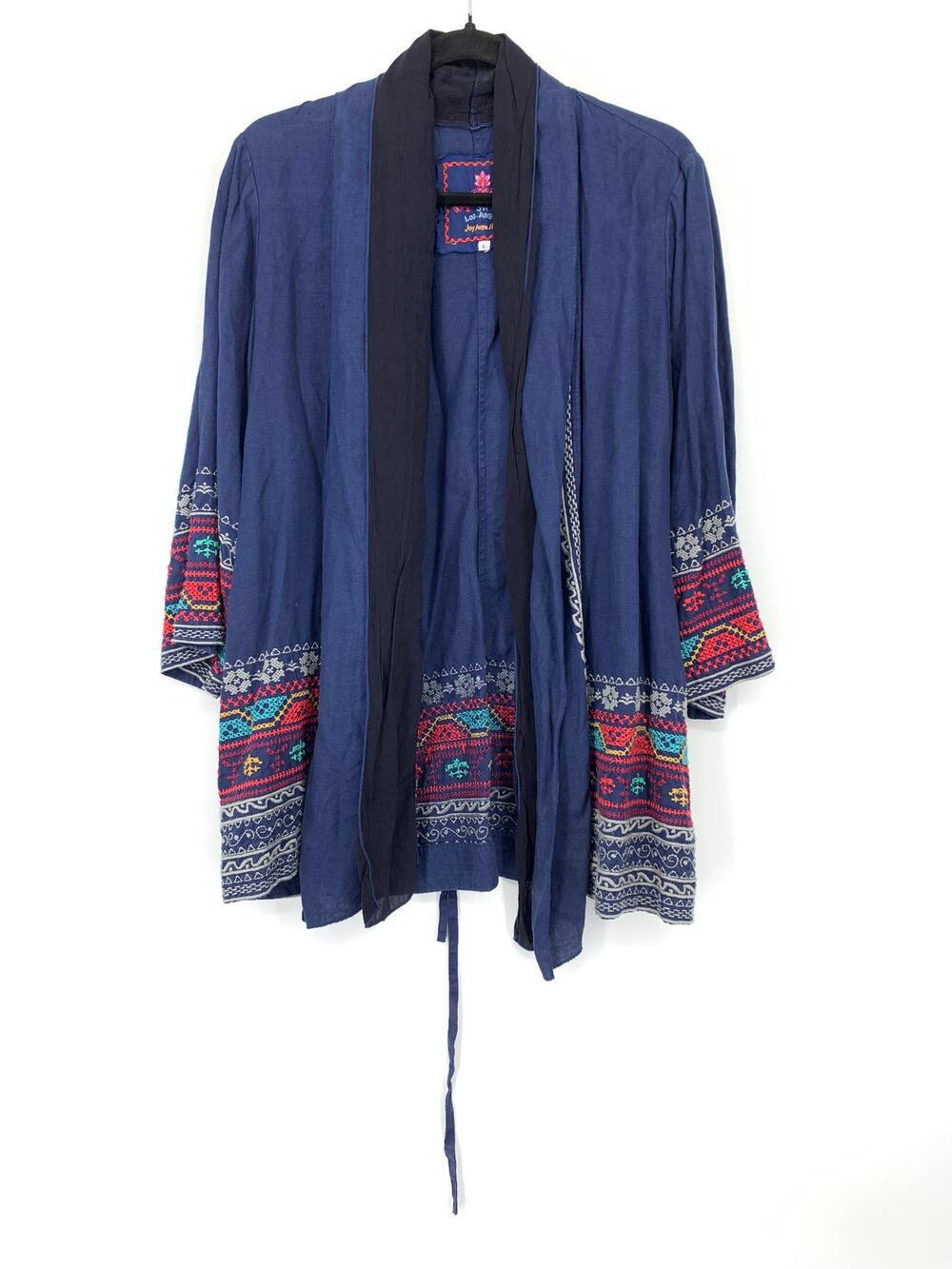 Johnny Was Kimono Womens L Navy Embroidered Open Front Cardigan Boho Jacket